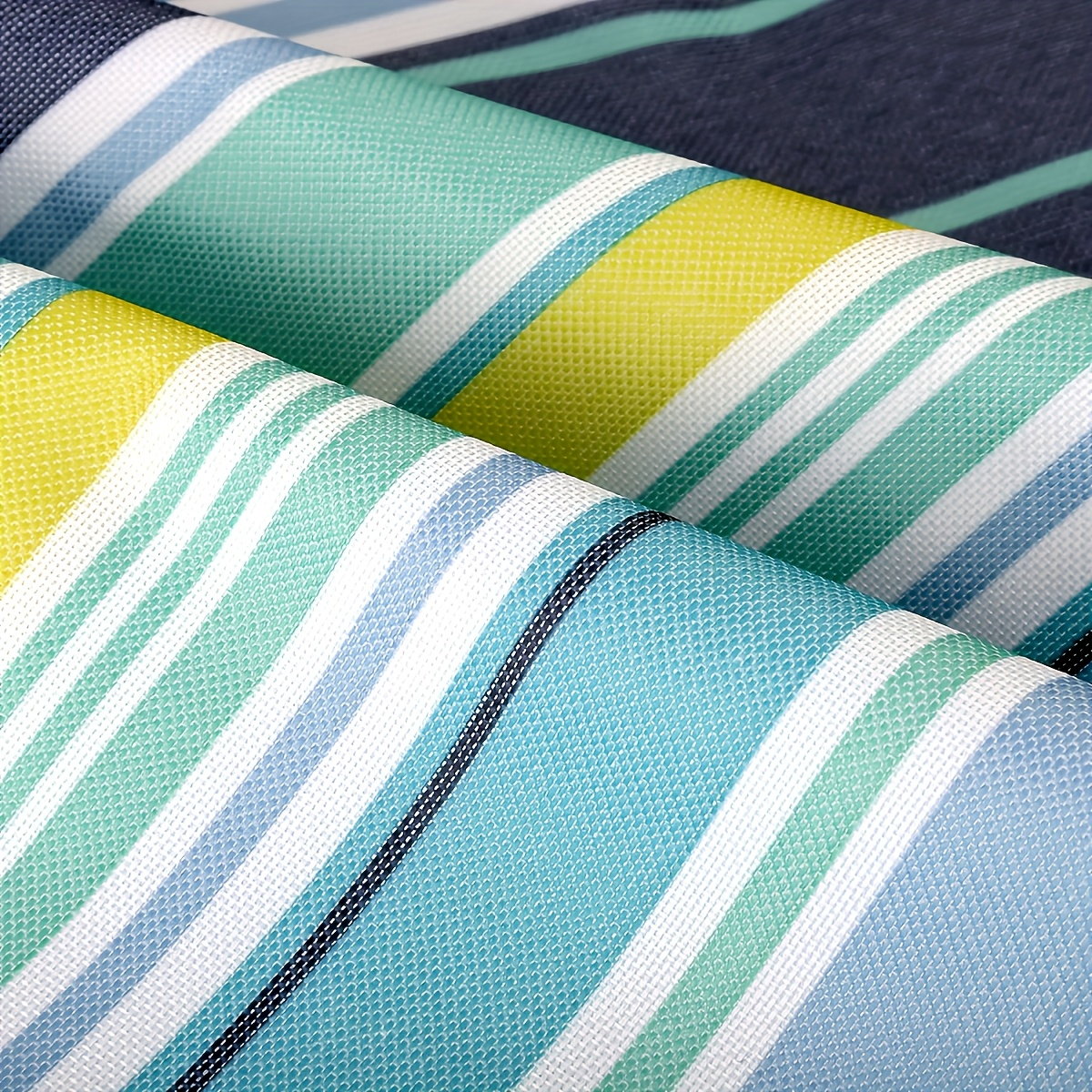 80 x 60-Inch Picnic Blanket in Blue and Green Striped 600D Oxford Fabric with Folding Carry Handle