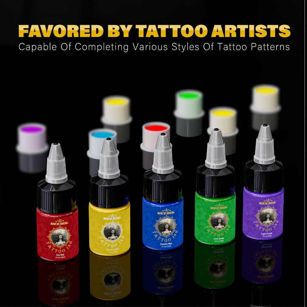 Tattoo Ink 14- or 21-Color Set with 0.5oz 15ml Bottles and Two Palette Choices for Color Selection