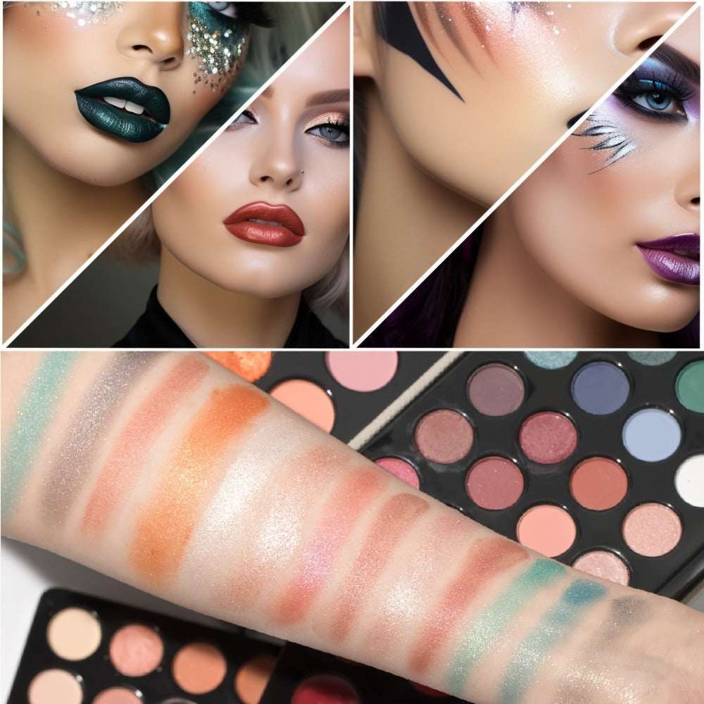 Portable Makeup Case Set with Fold-Out Color Palettes, Brush Collection and Silver or Leopard-Print Case Options