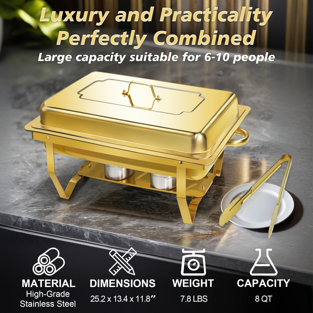 Chafing Dish Buffet Set 8QT Gold - Stainless Steel Food Warmer with Lid Foldable Stand for Entryways, Bedrooms and Living Spaces