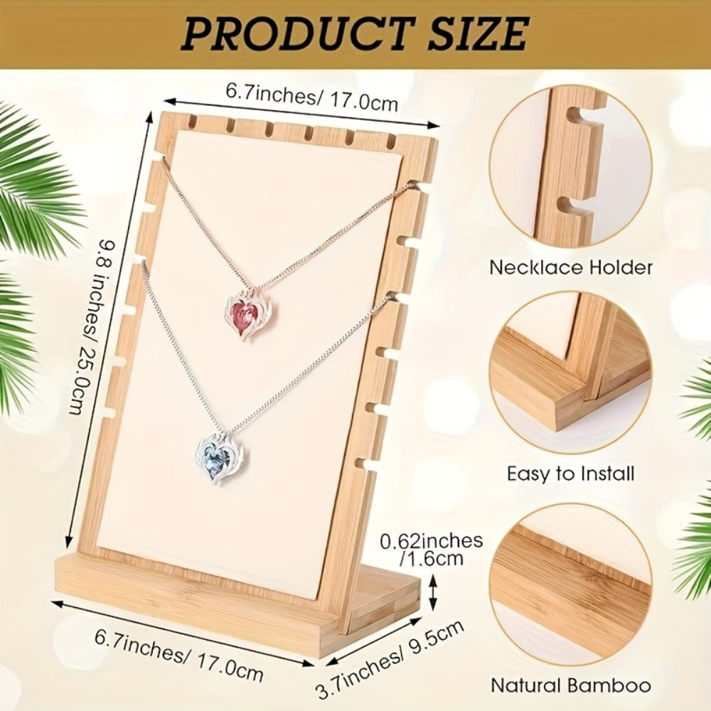 Bamboo Jewelry Necklace Display Stand 2 Pack - Multi-Hook Necklace Holder Tower, Tabletop Showcase Organizer for Retail Store