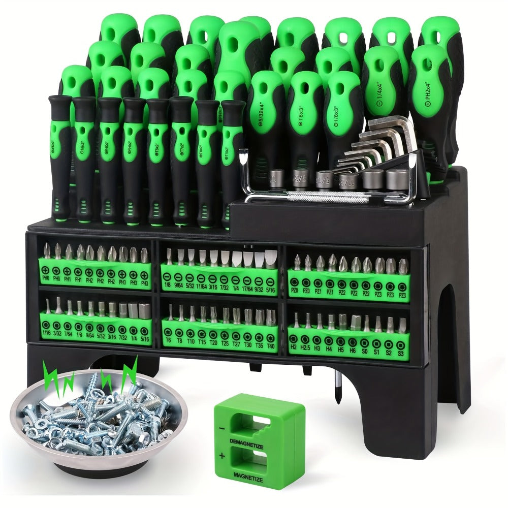 Screwdriver Organizer Set with 69- or 118-Piece Rack Configurations in Green, Red or Orange and Blue