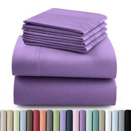 Fitted Sheet Set 6-Piece Brushed Polyester Deep Pocket Bed Sheets 20 Colors Hotel Luxury Bedding with Embroidered Pillowcases