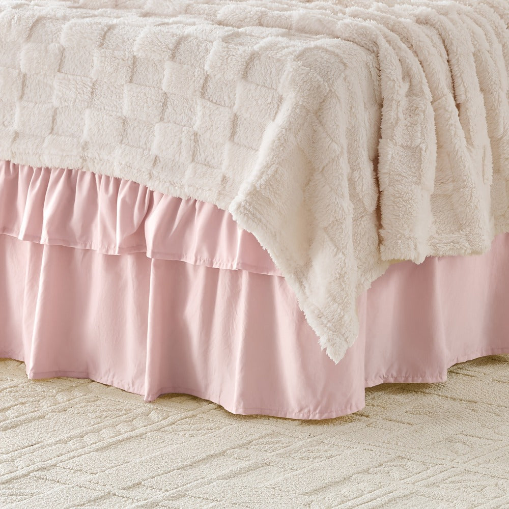 Double Ruffle Bed Skirt 16" Drop, Elastic Wrap Around Dust Ruffle for Twin Full Queen King Bed, Easy Install Linen Poly Blend Bedskirt