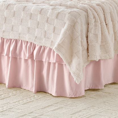 Double Ruffle Bed Skirt 16" Drop, Elastic Wrap Around Dust Ruffle for Twin Full Queen King Bed, Easy Install Linen Poly Blend Bedskirt