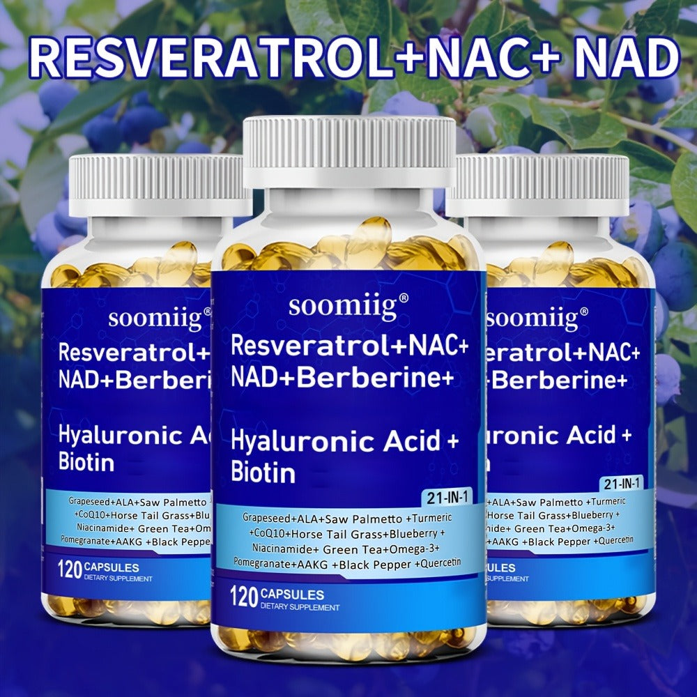 Resveratrol & NAC Supplement 120 Capsules with NAD, Collagen Peptides, Hyaluronic Acid, CoQ10, Quercetin & Omega-3