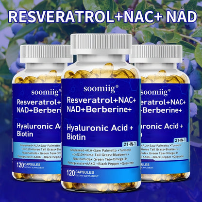 Resveratrol & NAC Supplement 120 Capsules with NAD, Collagen Peptides, Hyaluronic Acid, CoQ10, Quercetin & Omega-3
