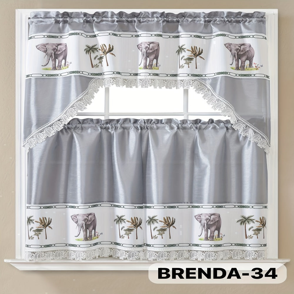 Kitchen Curtains 3 Piece Set Embroidered Satin Valance and Tiers – Rod Pocket Light Filtering Machine Washable 46 Colors