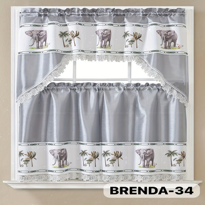 Kitchen Curtains 3 Piece Set Embroidered Satin Valance and Tiers – Rod Pocket Light Filtering Machine Washable 46 Colors