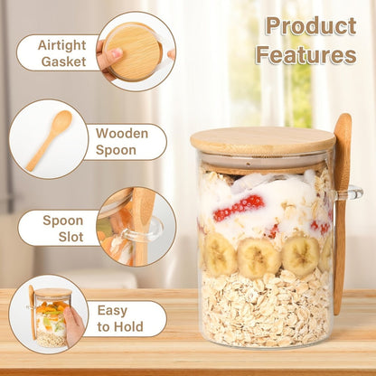 Overnight Oats Jars with Bamboo Lids & Spoons, 500ml Glass Meal Prep Containers, Dessert Bowl Set for Chia Pudding