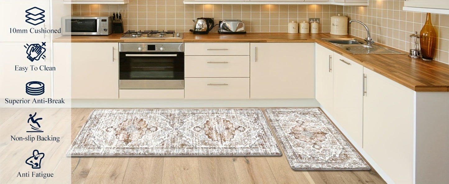 Kitchen Mat Set, 2-Piece Boho Distressed Cushioned Rugs in Five Color Patterns with 17.3x28 and 17.3x48-Inch Sizes