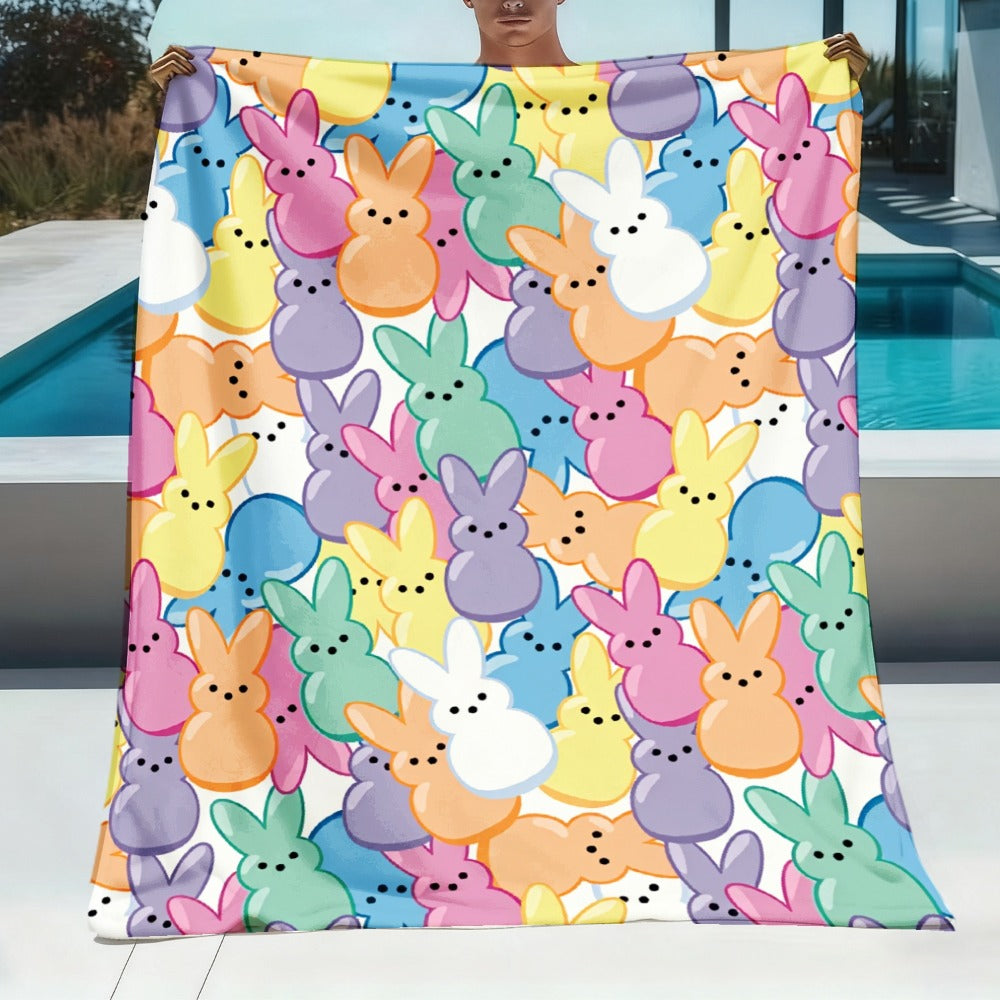 Pastel Rabbit Print Throw Blanket with Repeating Multicolor Bunny Design in Four Rectangular Size Options