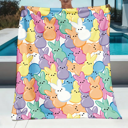 Pastel Rabbit Print Throw Blanket with Repeating Multicolor Bunny Design in Four Rectangular Size Options