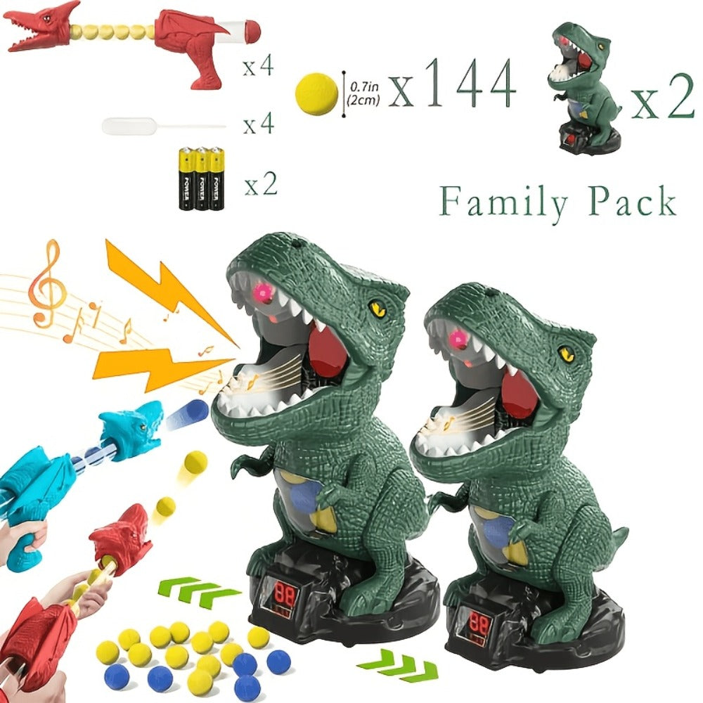Dinosaur Shooting Toy Set for Kids, Air Pump Foam Bullet Blaster with Moving Dinosaur Targets, Twin Pistol