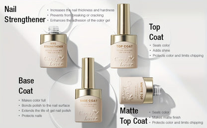 Gel Nail Polish 4-Piece Base and Top Coat Set with Glossy, Matte, Base and Strengthener Gels for UV/LED Soak-Off Use