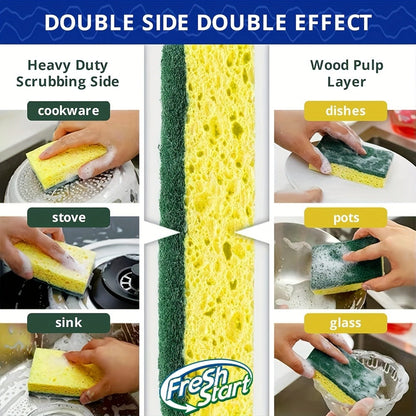 Non-Scratch Cellulose Sponge Dual-Sided with Tough Scouring Pad, Dishwashing Sponges for Kitchen