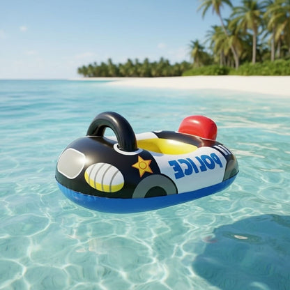Car-Shaped Inflatable Pool Float with Black Printed Body, Center Opening and Steering-Wheel Detail