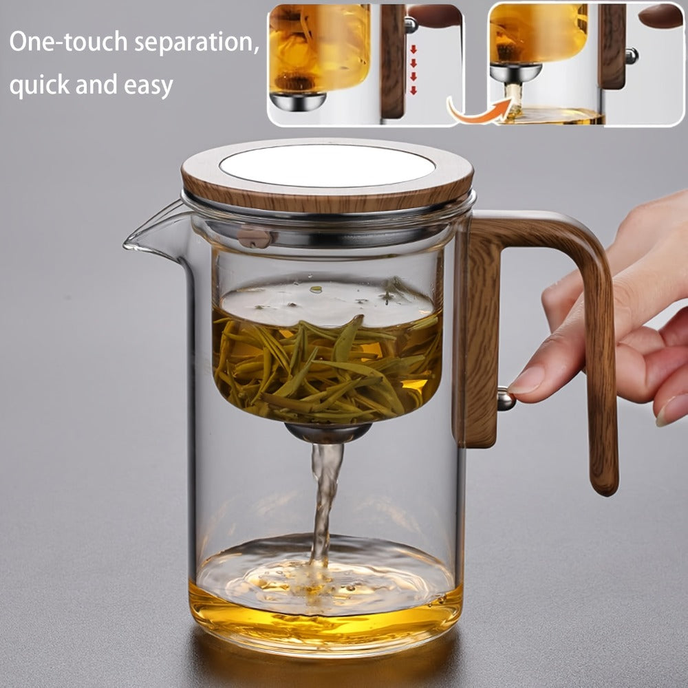 Glass Teapot with Infuser & Wooden Handle – Borosilicate Tea Kettle, One-Button Tea-Water Separation, Drip-Free Spout