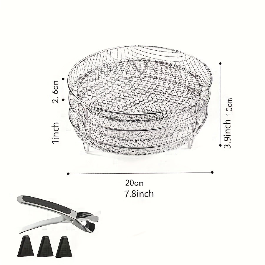 Seven-Piece Round Air Fryer Rack Set with Three Stackable Trays, One Handling Tool and Three Grips