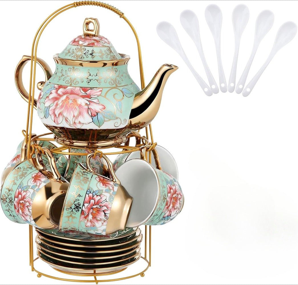 20-Piece Floral Ceramic Tea Set with Saucers & Metal Stand, European Afternoon Tea Service, Blooming Design
