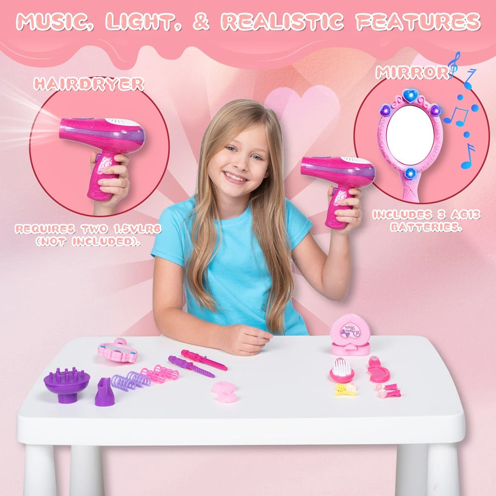 Girls Beauty Salon Toy Set 17 PCS, Pretend Play Hair Stylist Kit with Working Hairdryer Mirror Curling Wands Combs Clips & Jewelry Box