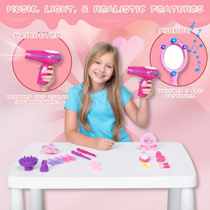 Girls Beauty Salon Toy Set 17 PCS, Pretend Play Hair Stylist Kit with Working Hairdryer Mirror Curling Wands Combs Clips & Jewelry Box