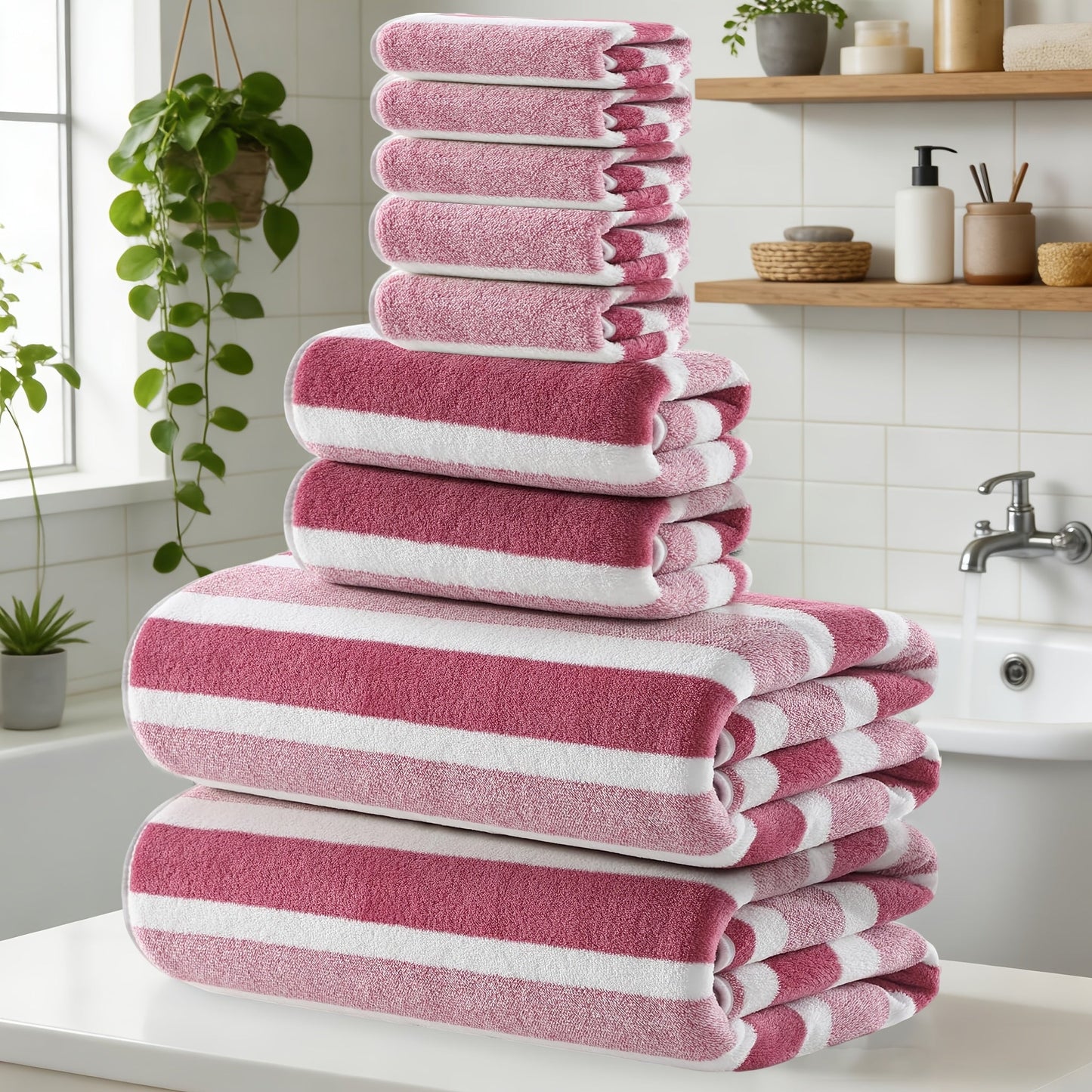 Towel Set 9 or 15 Piece 320GSM Coral Fleece Striped Mix in Five Solid or Mixed Colors for Home and Guest Use