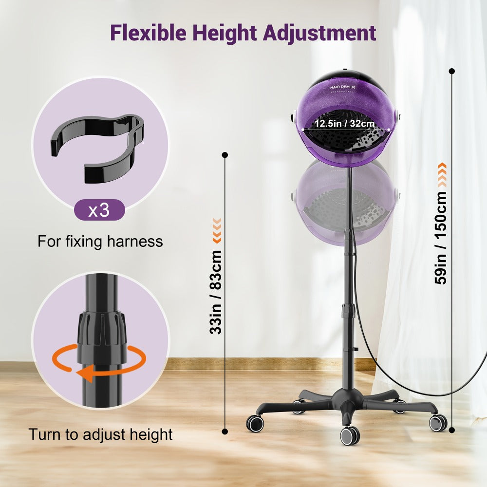 Ionic Floor-Standing Hooded Hair Dryer 1875W, Adjustable Height Professional Salon Hood Dryer for Deep