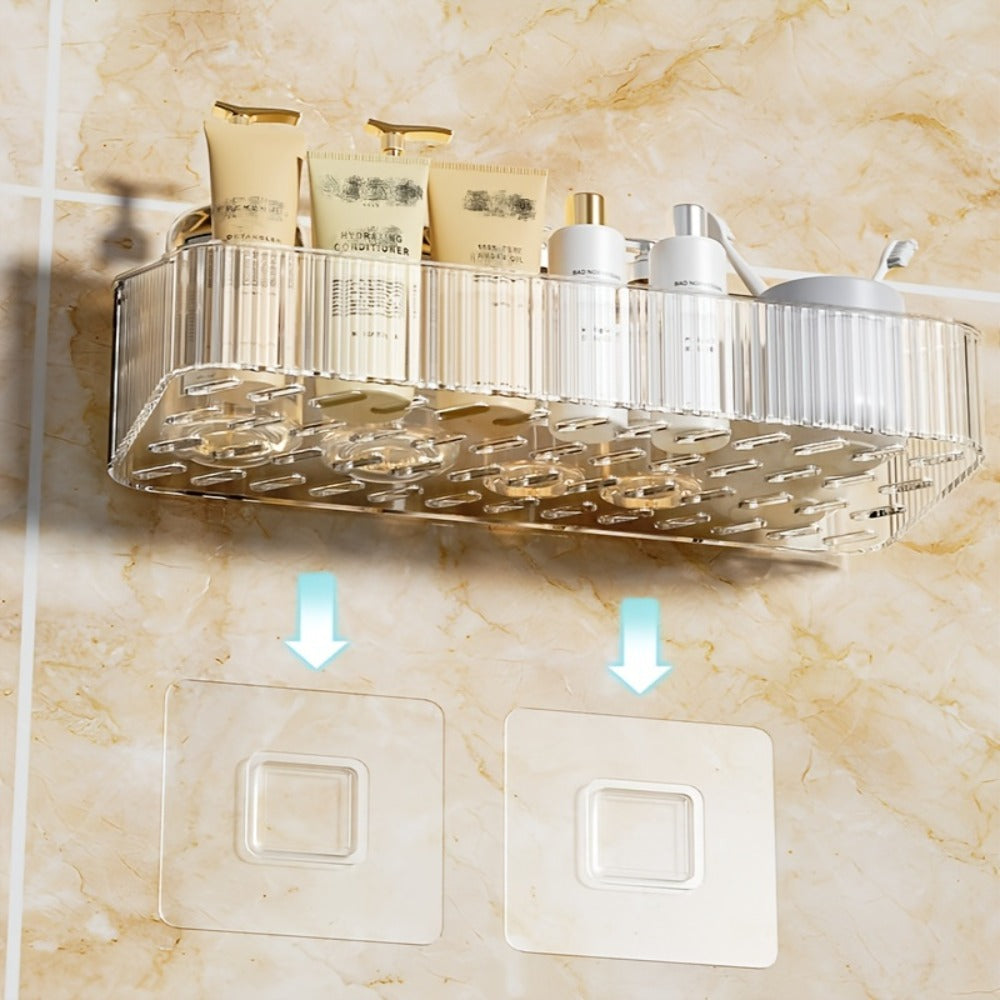Wall-Mounted Plastic Bathroom Storage Shelf with Adhesive Plates, 24.5cm Rack in Gray, Amber or Green