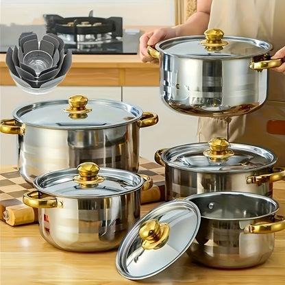 Cookware Set, 10-, 12- or 15-Piece Stainless Steel Deep Pots with Glass Lids, Double Handles and Three Finishes