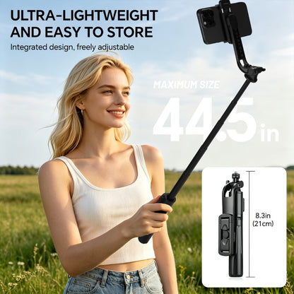 Black Selfie Stick Tripod with Telescoping Pole, Rotating Phone Clamp, Fold-Out Base and Remote