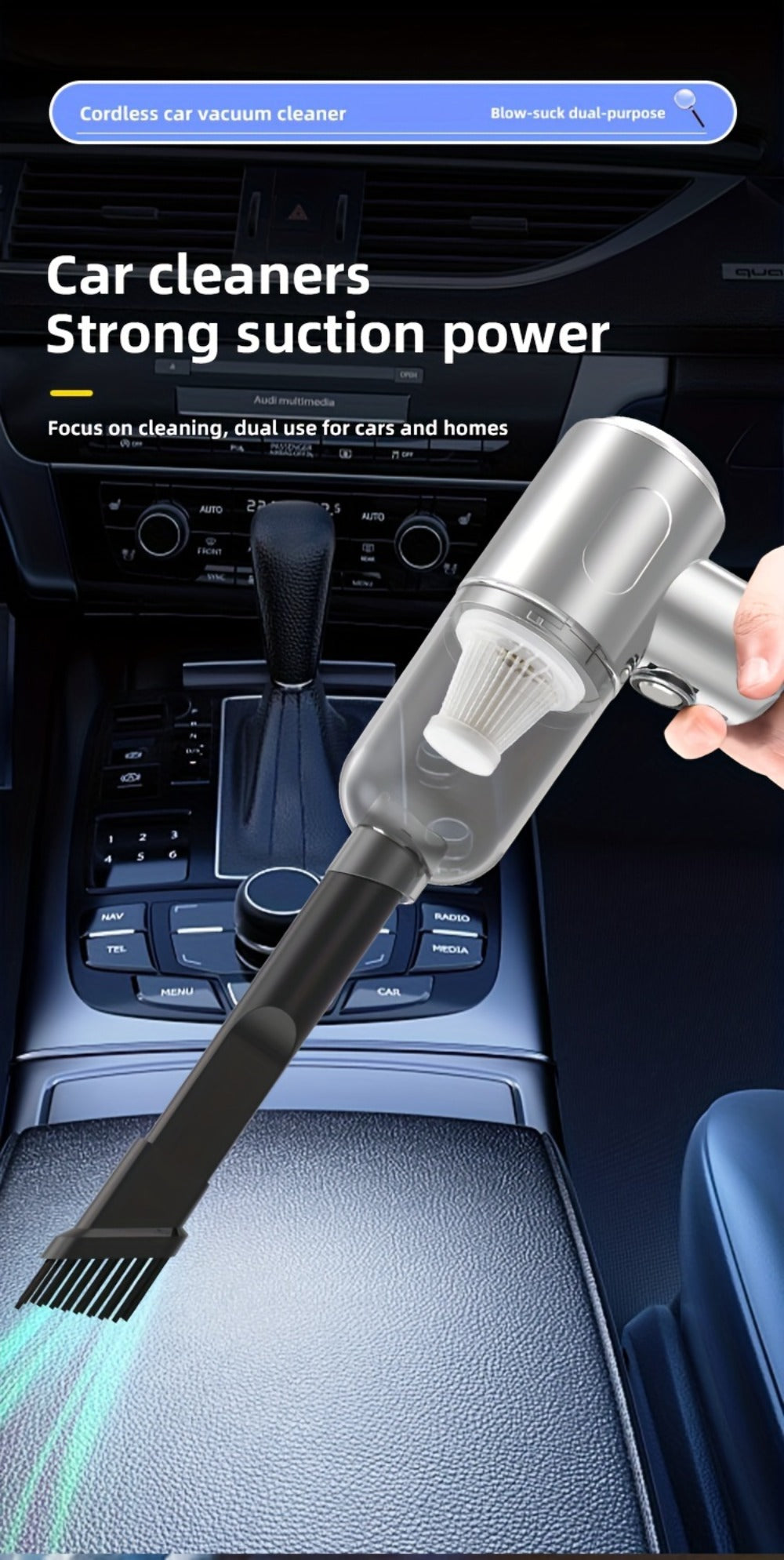 Handheld Vacuum Cleaner with Cordless T-Handle Design, Wet Pickup, Three Nozzles and USB Charging