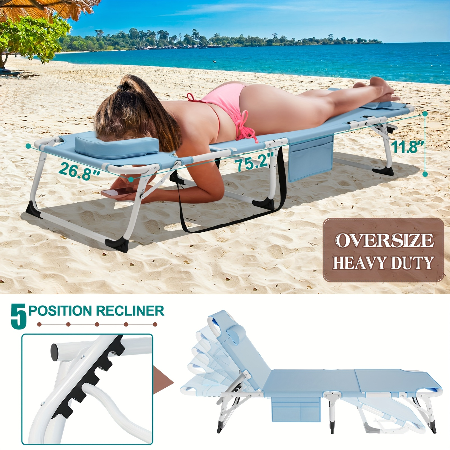Folding Chaise Lounge Chair for Outdoor Tanning – 5-Position Adjustable Sunbathing Lounger with Face Hole for Pool, Beach & Backyard
