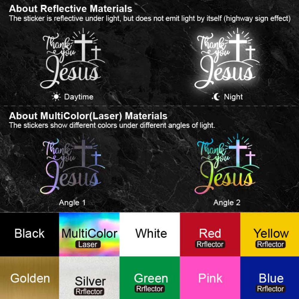 Thank You Jesus Cross Vinyl Decal Set, Four-Piece Design in Seven Colors for Vehicle Windows and Body Panels