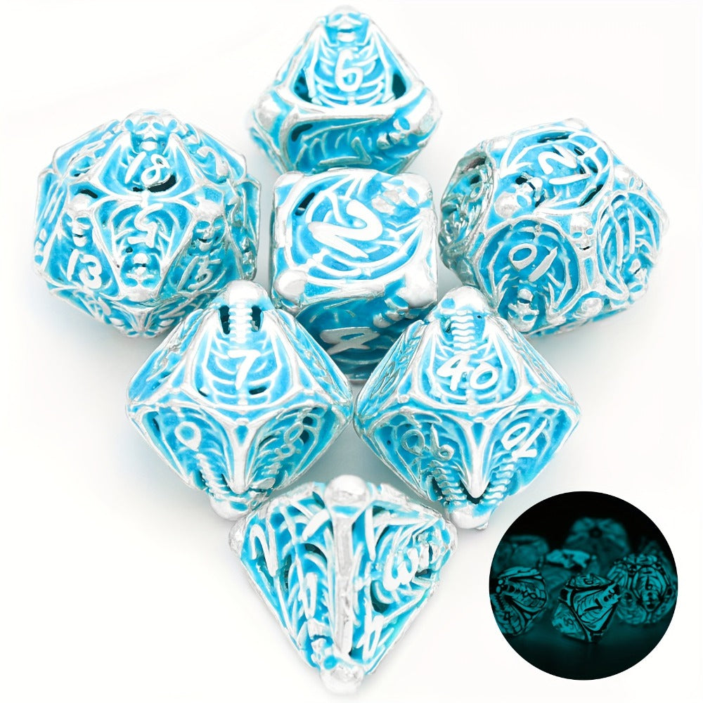 Metal Skull Dice Set 7pcs Glow in the Dark, Hollow UV Fluorescent Polyhedral DnD RPG Dice for Dungeon Masters
