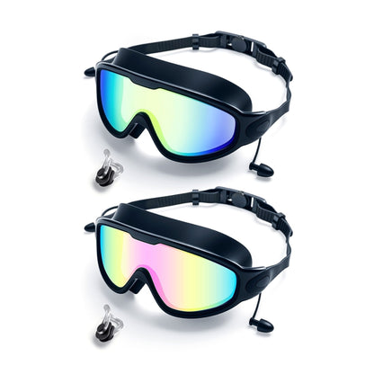 Two-Pack Mirrored Swim Goggles with Wide Lenses, Adjustable Straps, Earplugs, Nose Clip and Storage Case