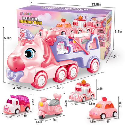 Pink Carrier Truck Toy with 4 Mini Cars, Music & Lights, Battery Powered Pull-Back Transport Vehicle for Girls Boys Ages 3+
