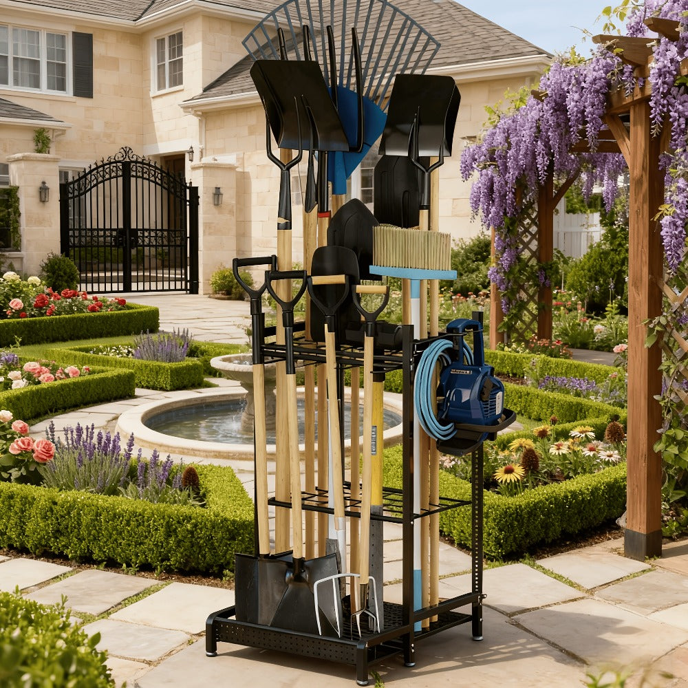 Garden Tool Organizer for Garage, Metal Yard Tool Storage Rack with Hooks & Wheels for Long-Handled Tools