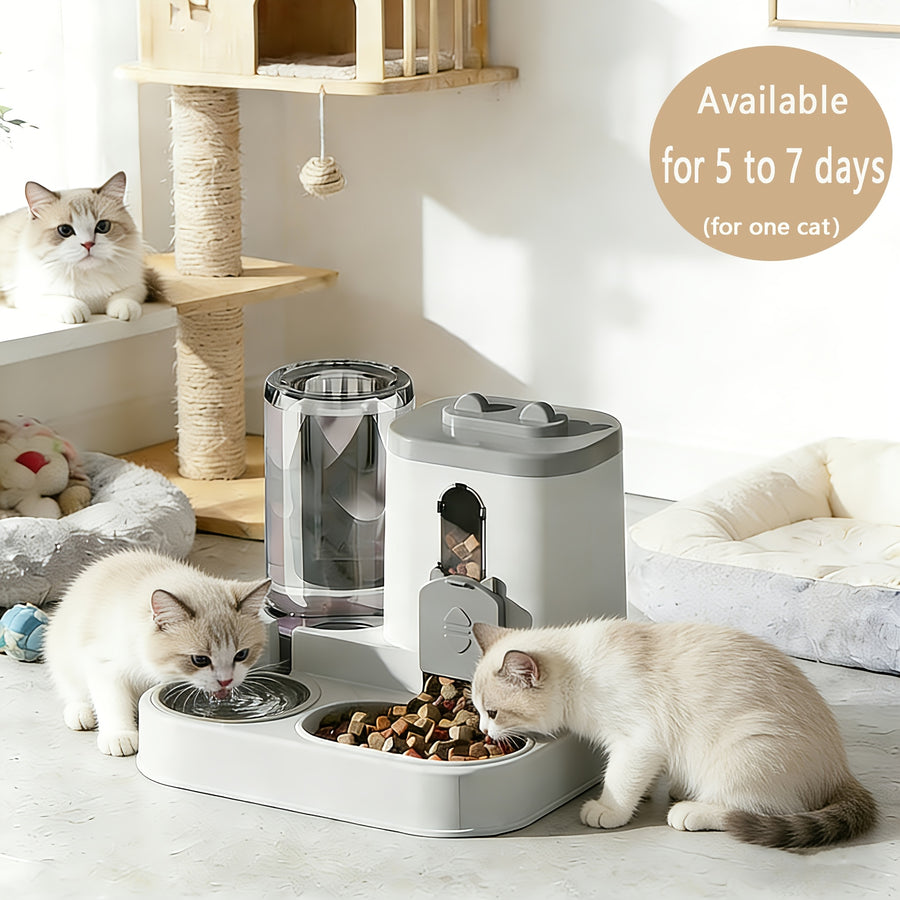 2-in-1 Cat Food and Water Dispenser – Gravity Auto Feeder Bowl Set with Quantitative Feeding, Cute Design for Cats & Small Dogs