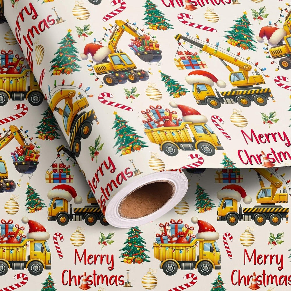 Christmas Wrapping Paper Construction Vehicles – Dump Trucks Excavators Tractors Gift Wrap for Boys Girls, 58"x23" Roll (28.5 Sq Ft)