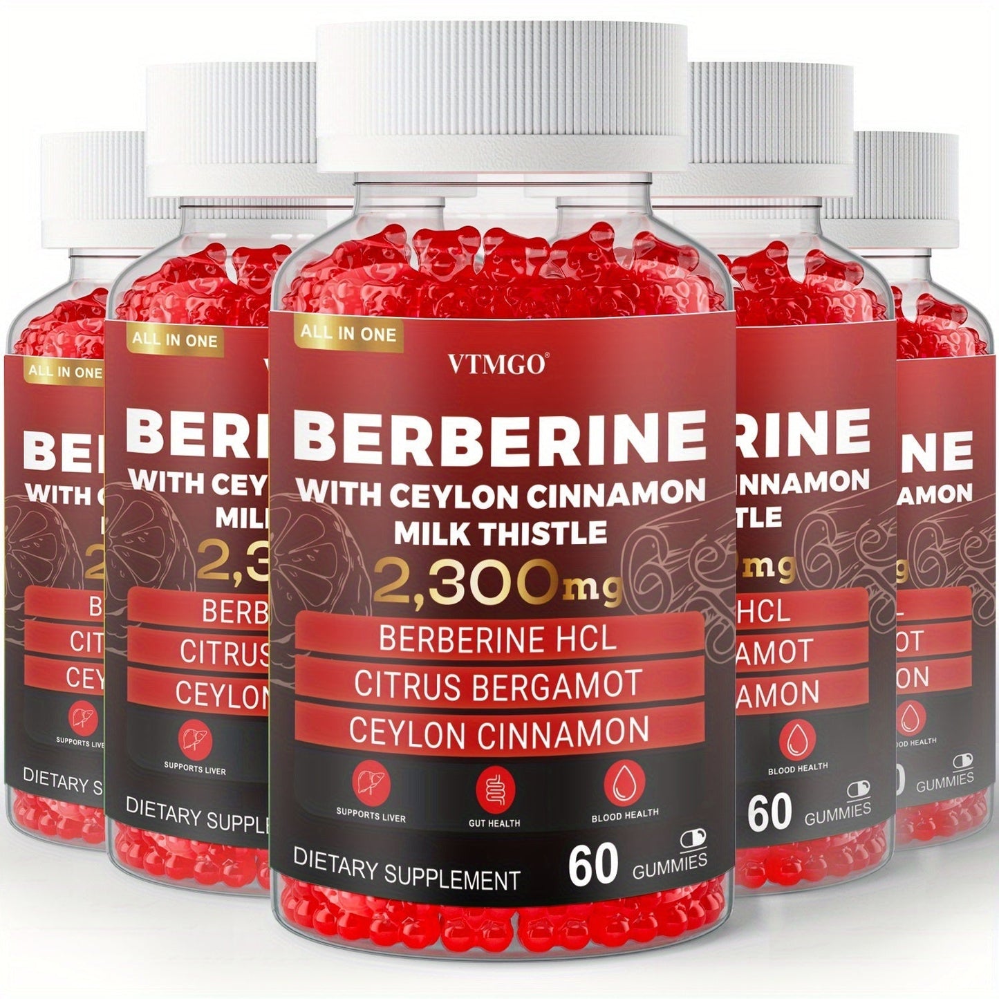 Berberine HCL Gummies 2300mg 60ct with Ceylon Cinnamon, Milk Thistle & Turmeric for Blood Sugar Balance