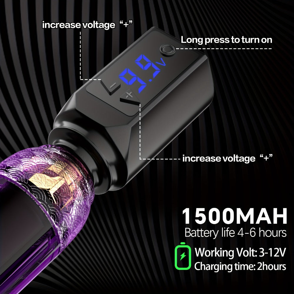 Tattoo Machine Kit POSEIDON TK039 Cordless Rotary Pen with LED Display, 20 Cartridges, 10 Inks and Practice Supplies