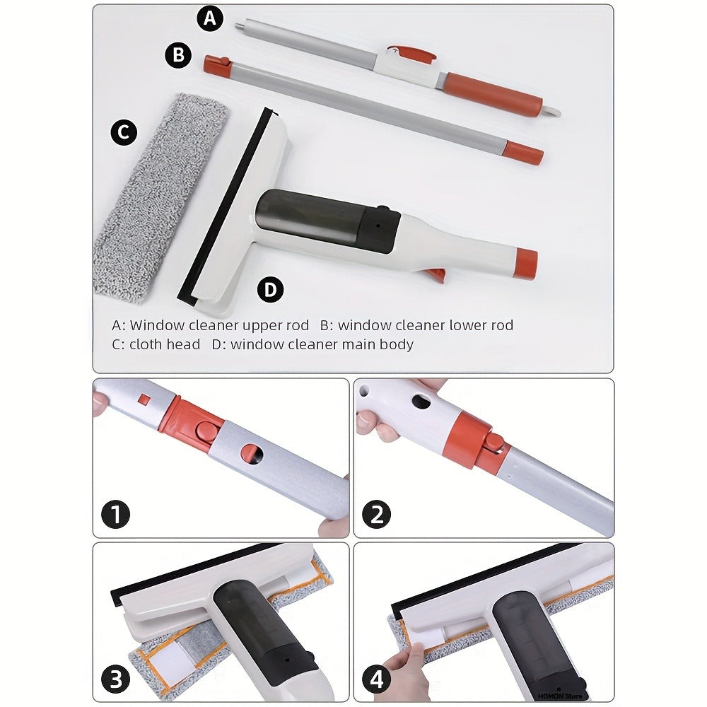 3-in-1 Glass Cleaning Kit with Durable Metal Pole & Scraper, Window Cleaner Tool for High Windows Shower Doors Car Windshields
