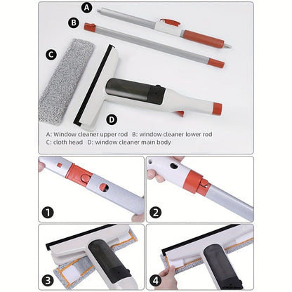 3-in-1 Glass Cleaning Kit with Durable Metal Pole & Scraper, Window Cleaner Tool for High Windows Shower Doors Car Windshields