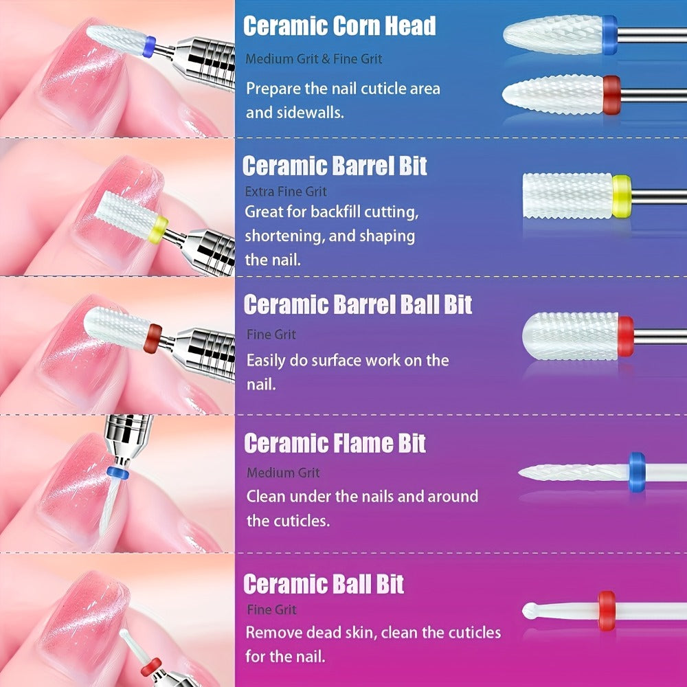 Nail Drill Bit Set Tungsten Steel & Ceramic Grinding Heads with Storage Box for Gel Removal Nail Enhancement