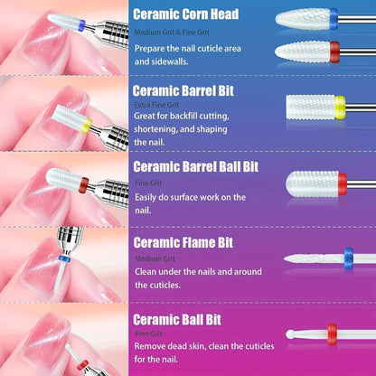 Nail Drill Bit Set Tungsten Steel & Ceramic Grinding Heads with Storage Box for Gel Removal Nail Enhancement