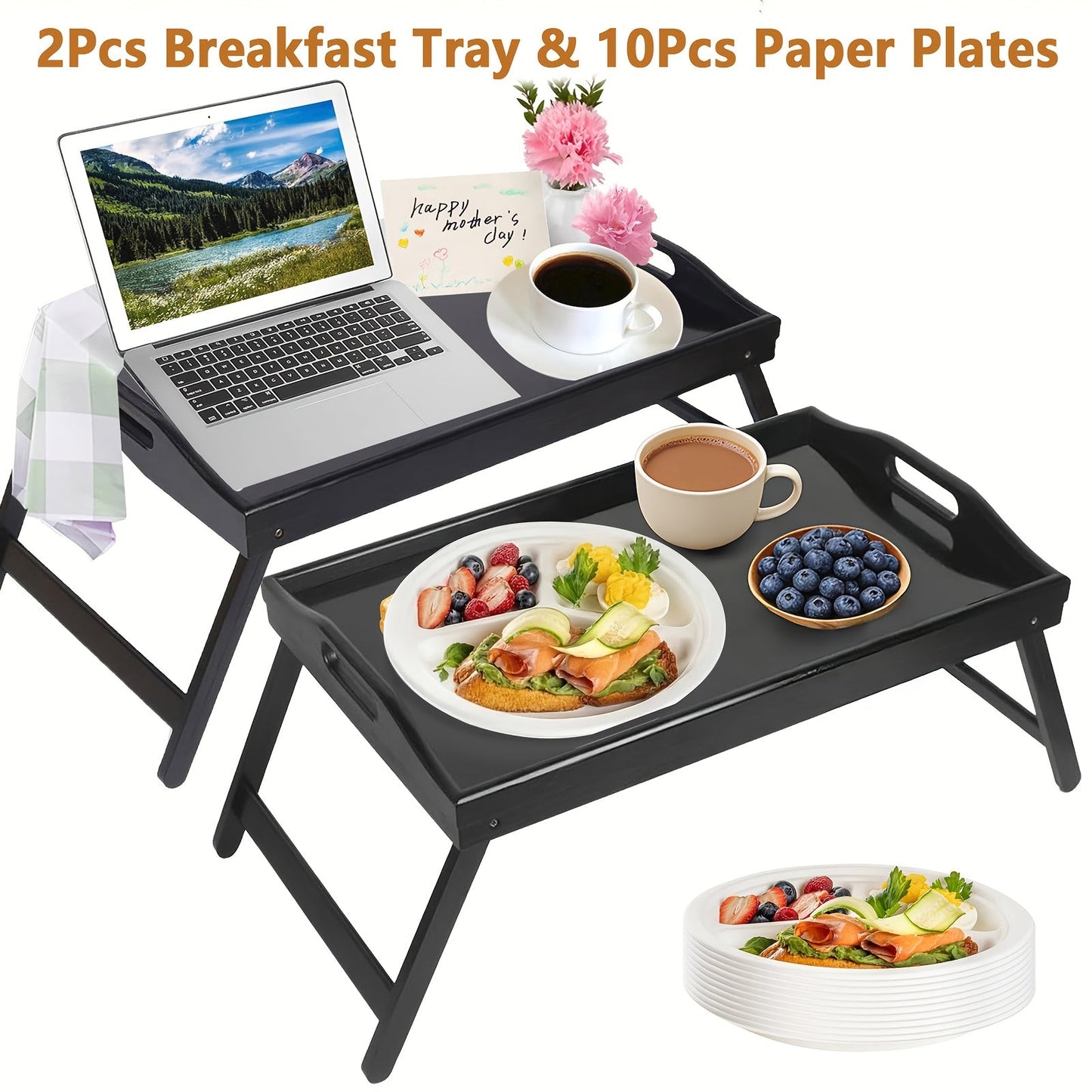 Bamboo Breakfast Tray with Folding Legs & Handles 2 Pack, Extra Wide Foldable Bed Tray Table for Eating