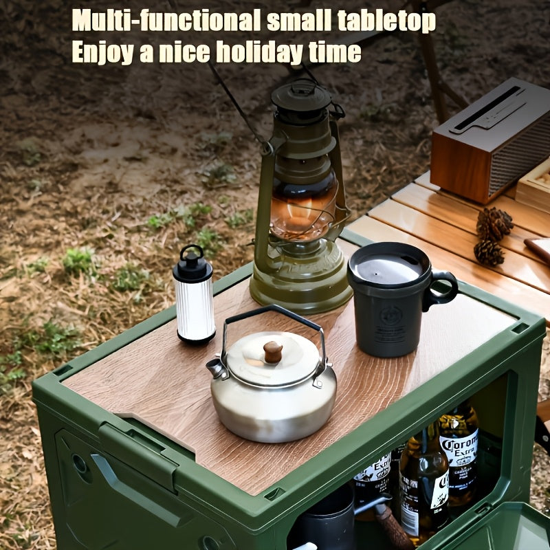 Folding Storage-Box Table with Five Access Doors and Wood-Look Top in One- or Two-Piece Color Options