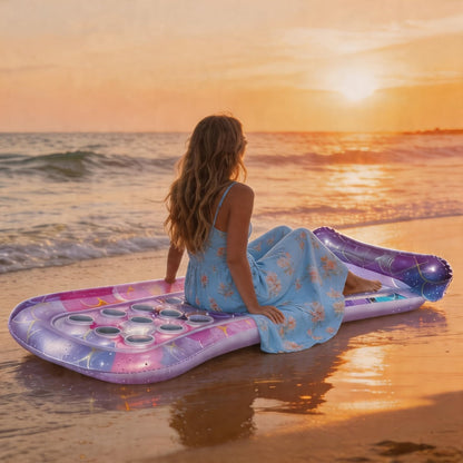 Rectangular Inflatable Pool Bed with Raised Pillow, Round Vent Holes and Rainbow or Mermaid Designs