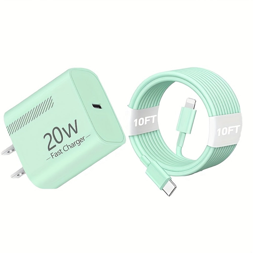 20W iPhone Fast Charger Bundle 3-Pack with 10ft L-Shaped Lightning Cable, 3 Chargers + 3 Cables Set for iPhone 14 13 12 11 Pro Max SE XR